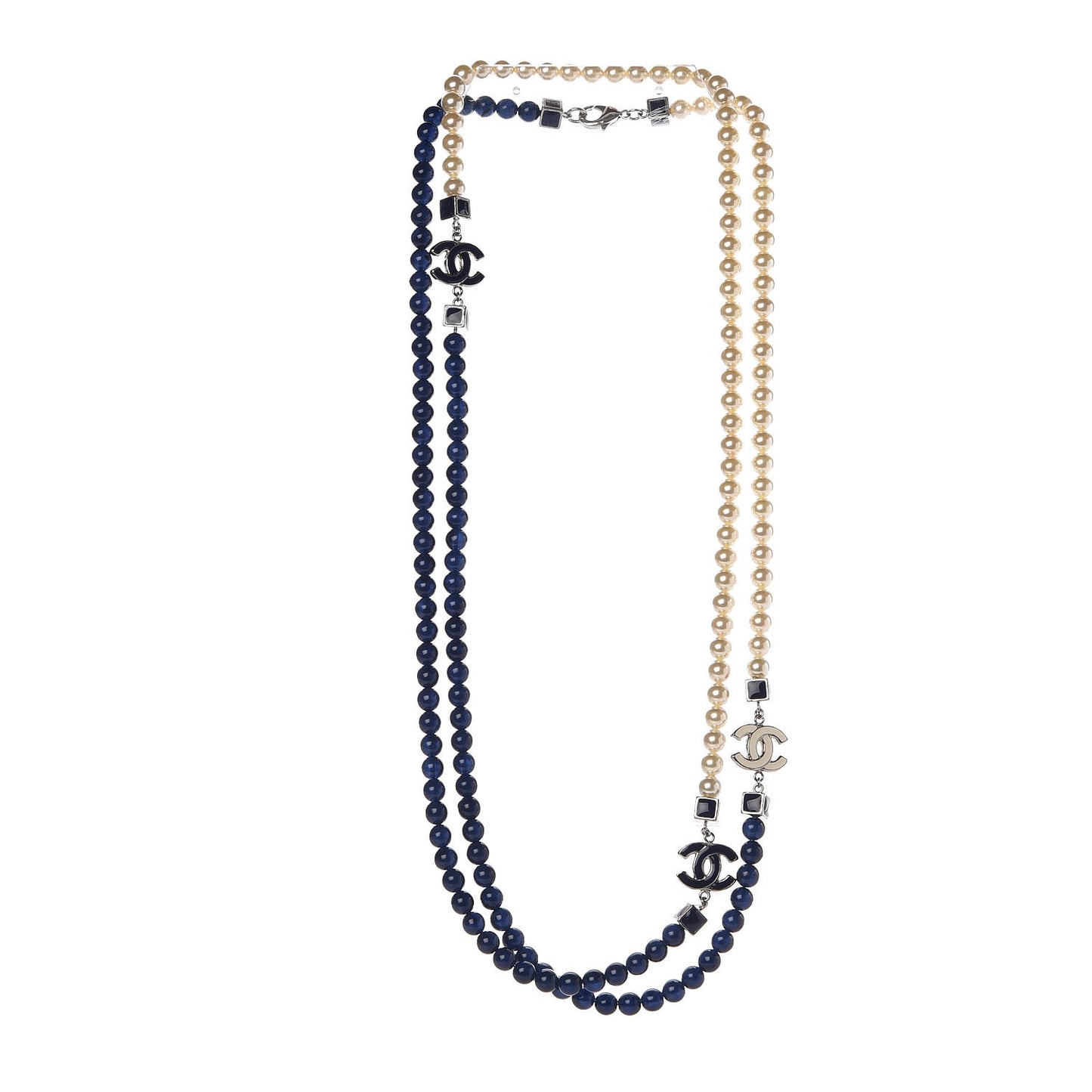Pearl Bead Enamel CC Long Necklace Pearly White Blue