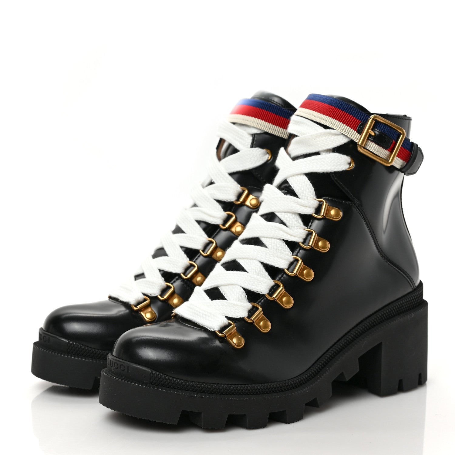 Gucci Calfskin Sylvie Web Womens Lace Up Combat Boots 37.5 Black 3 of 9