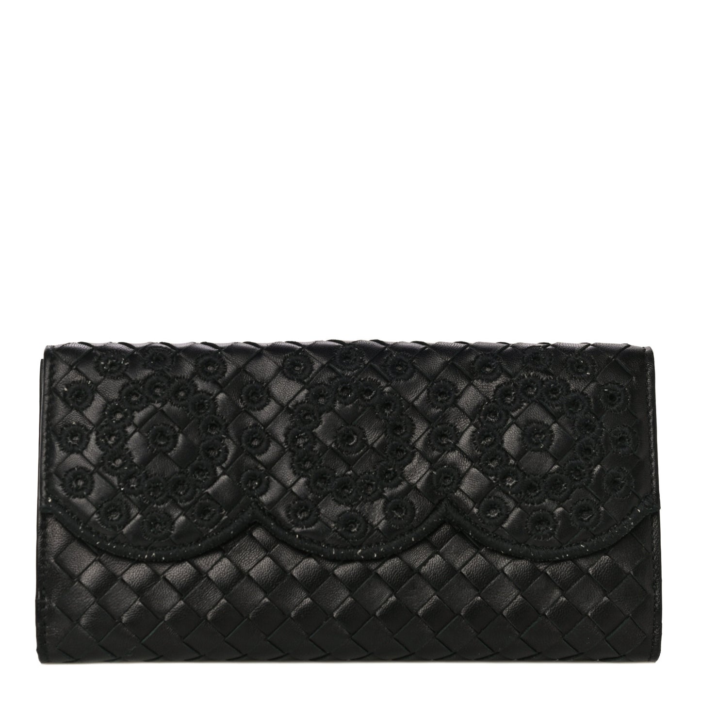 Nappa Intrecciato Embroidered Lace Continental Flap Wallet Black