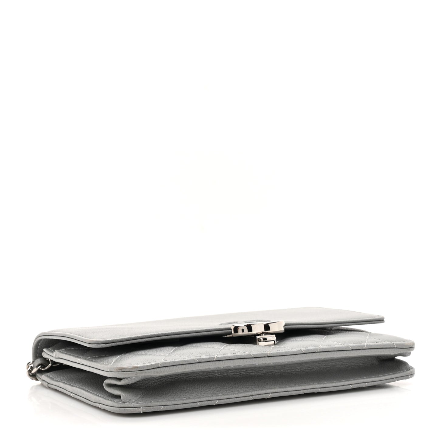 Grained Calfskin Quilted CC Box Wallet On Chain WOC Grey