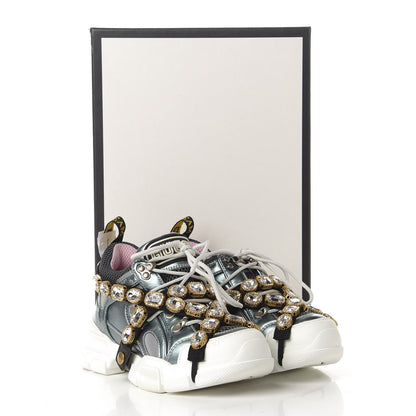 Gucci X SEGA Metallic Calfskin Removable Crystals Womens Flashtrek Sneakers 35.5 Lago Loess Silver 8 of 8