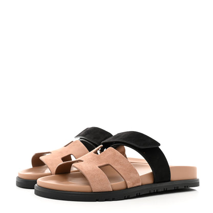 Hermes Suede Goatskin Womens Chypre Sandals 37.5 Rose Perle Black 3 of 10