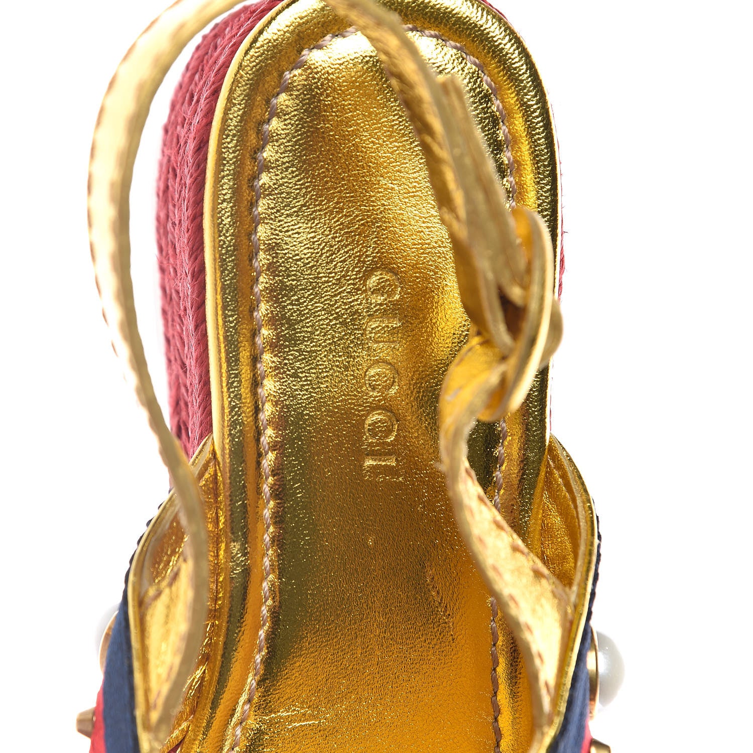 Gucci Metallic Nappa Silk Web Pearl Crossover Espadrille Platform Lug Sole Sandals 37 Gold 7 of 10