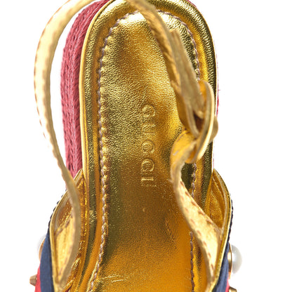 Gucci Metallic Nappa Silk Web Pearl Crossover Espadrille Platform Lug Sole Sandals 37 Gold 7 of 10
