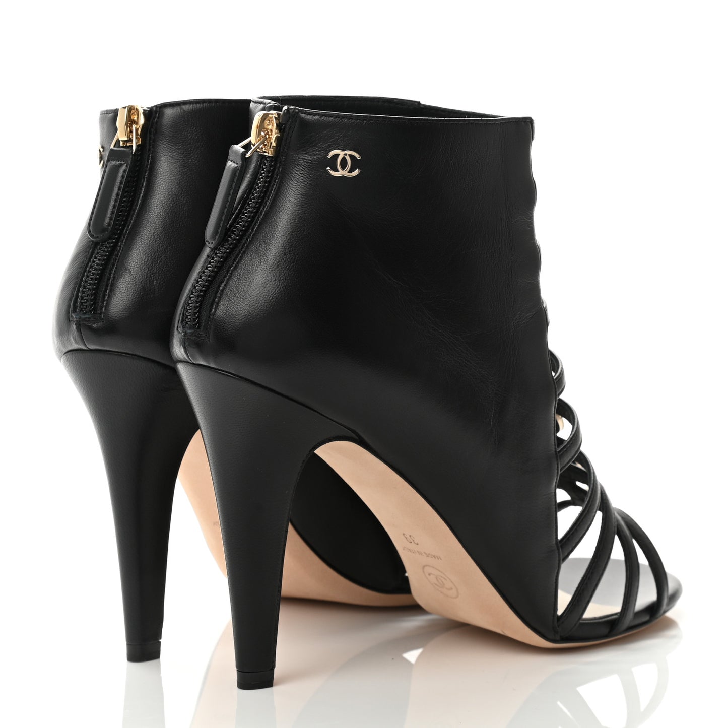 Lambskin Pearl Open Toe Caged Ankle Boots 39 Black
