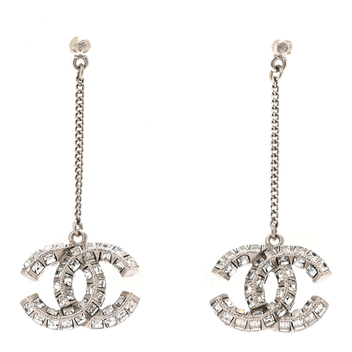 Chanel Baguette Crystal CC Drop Earrings Silver 1 of 4