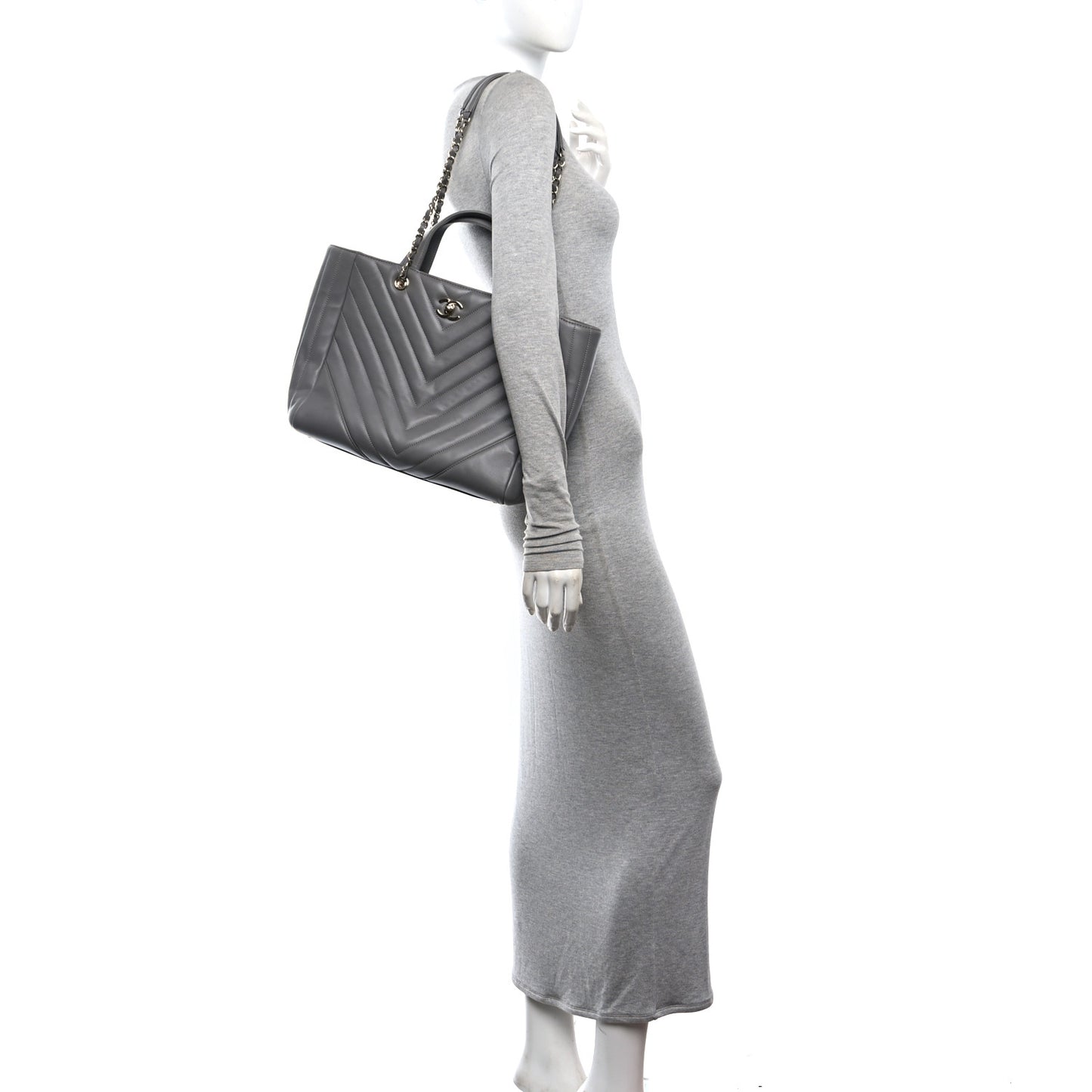 Aged Calfskin Chevron Quilted Large Classic Shopping Tote Grey