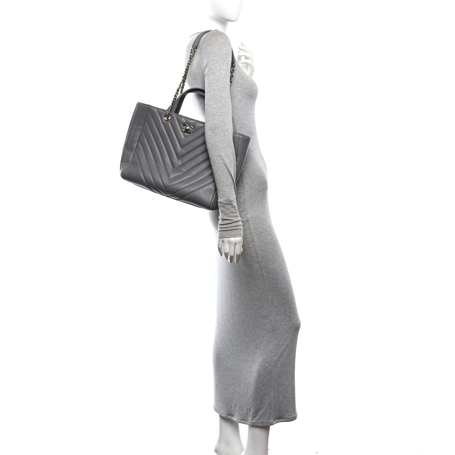 Chanel Aged Calfskin Chevron Quilted Large Classic Shopping Tote Grey 2 of 10
