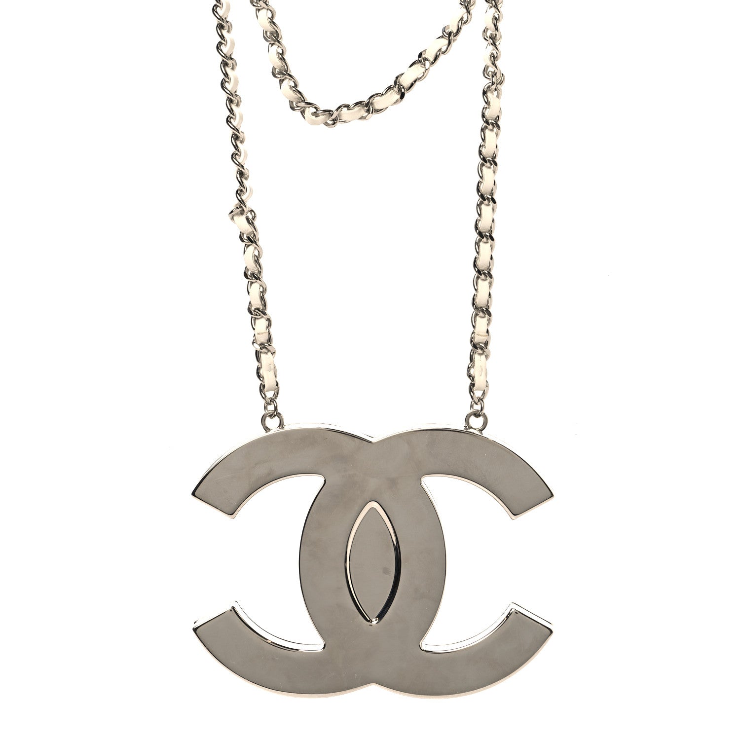 Chanel Metal Lambskin CC Mirror Crossbody Necklace Silver White 1 of 6