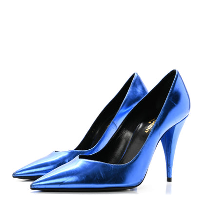 Saint Laurent Metallic Calfskin Kiki 100 Pumps 37.5 Blue 3 of 14
