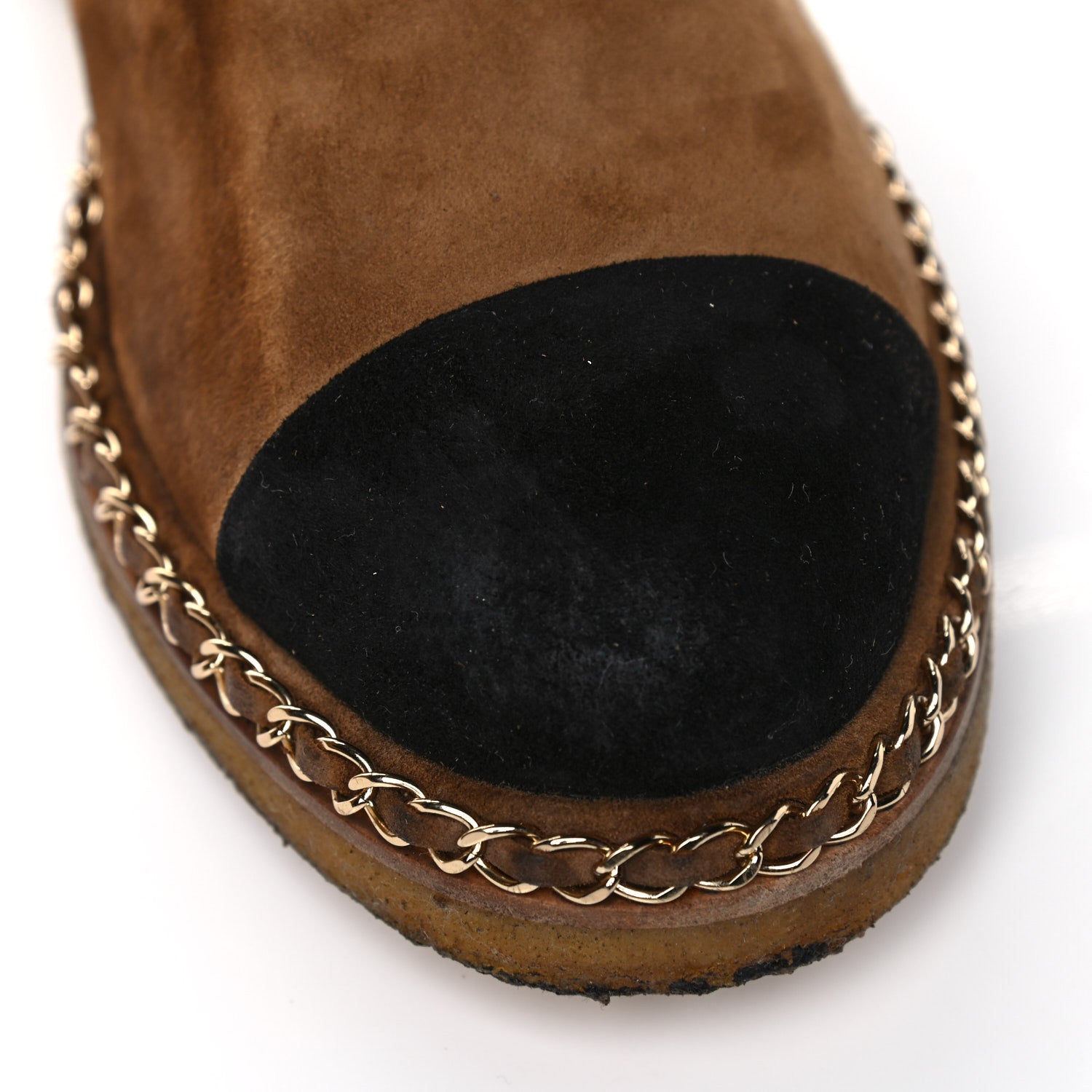 Chanel Kid Suede Shearling Womens Cap Toe Chain Short Boots 40.5 Light Brown Black 21 of 24