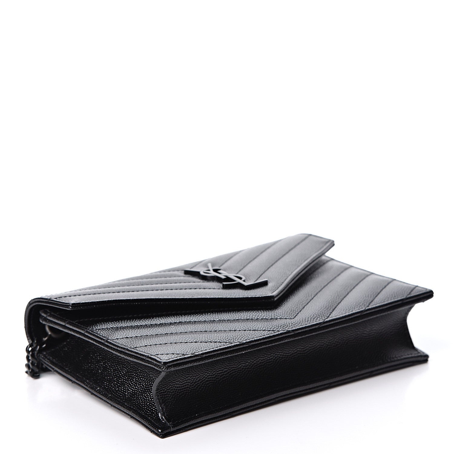 Saint Laurent Grain De Poudre Matelasse Chevron Monogram Envelope Chain Wallet Black 3 of 10