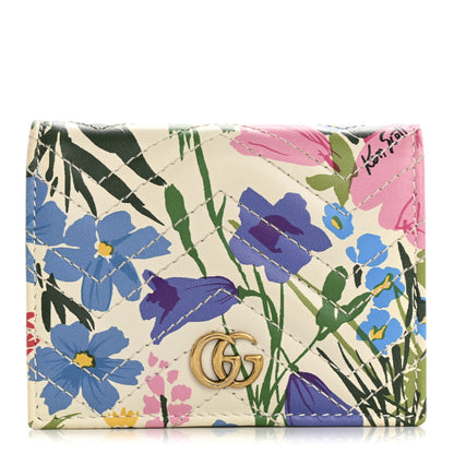 Gucci X KEN SCOTT Calfskin Matelasse Floral Print GG Marmont Card Case Wallet Ivory Pink 1 of 10