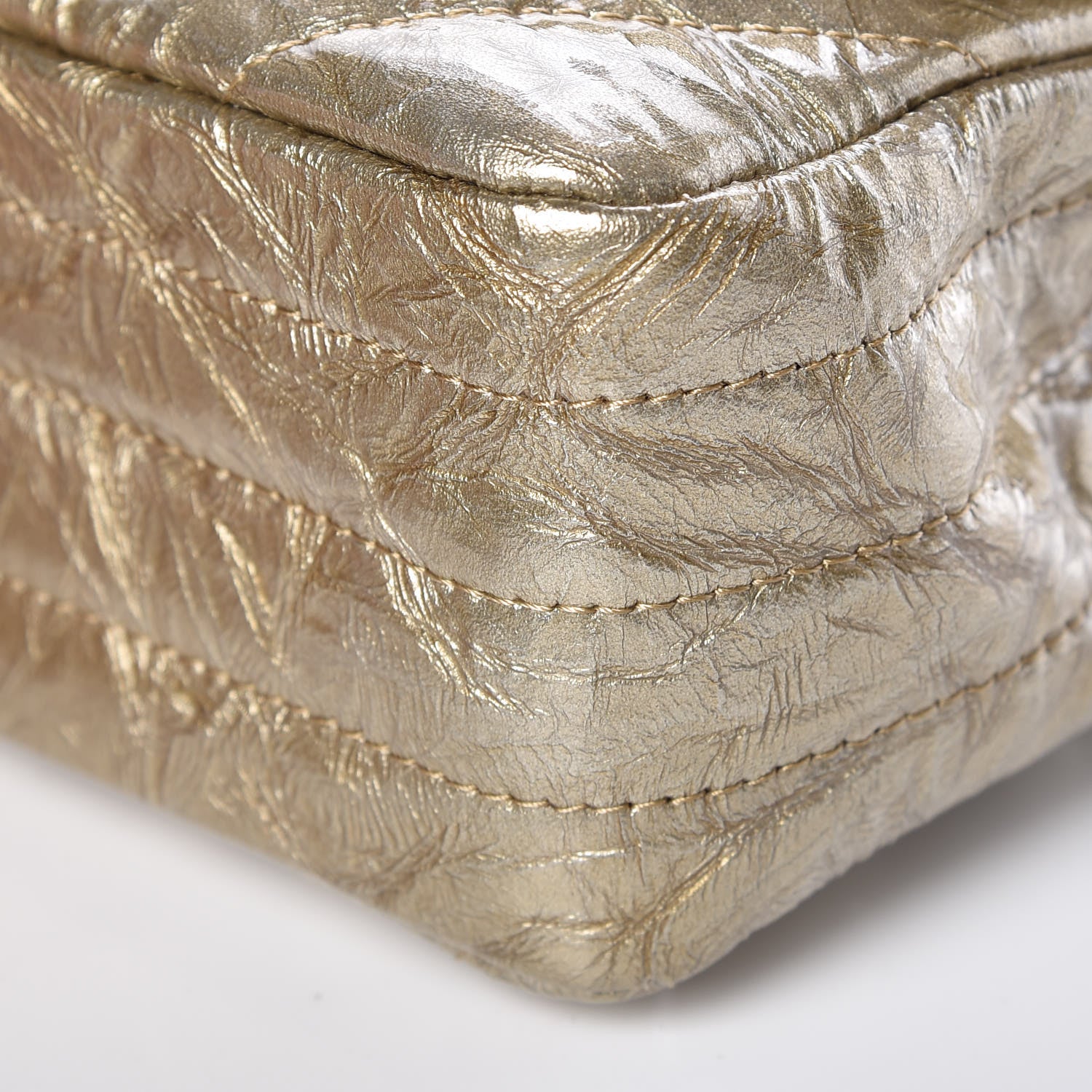 Chanel Metallic Patent Crumpled Calfskin Chevron Quilted Medium Double Flap Gold 9 of 12