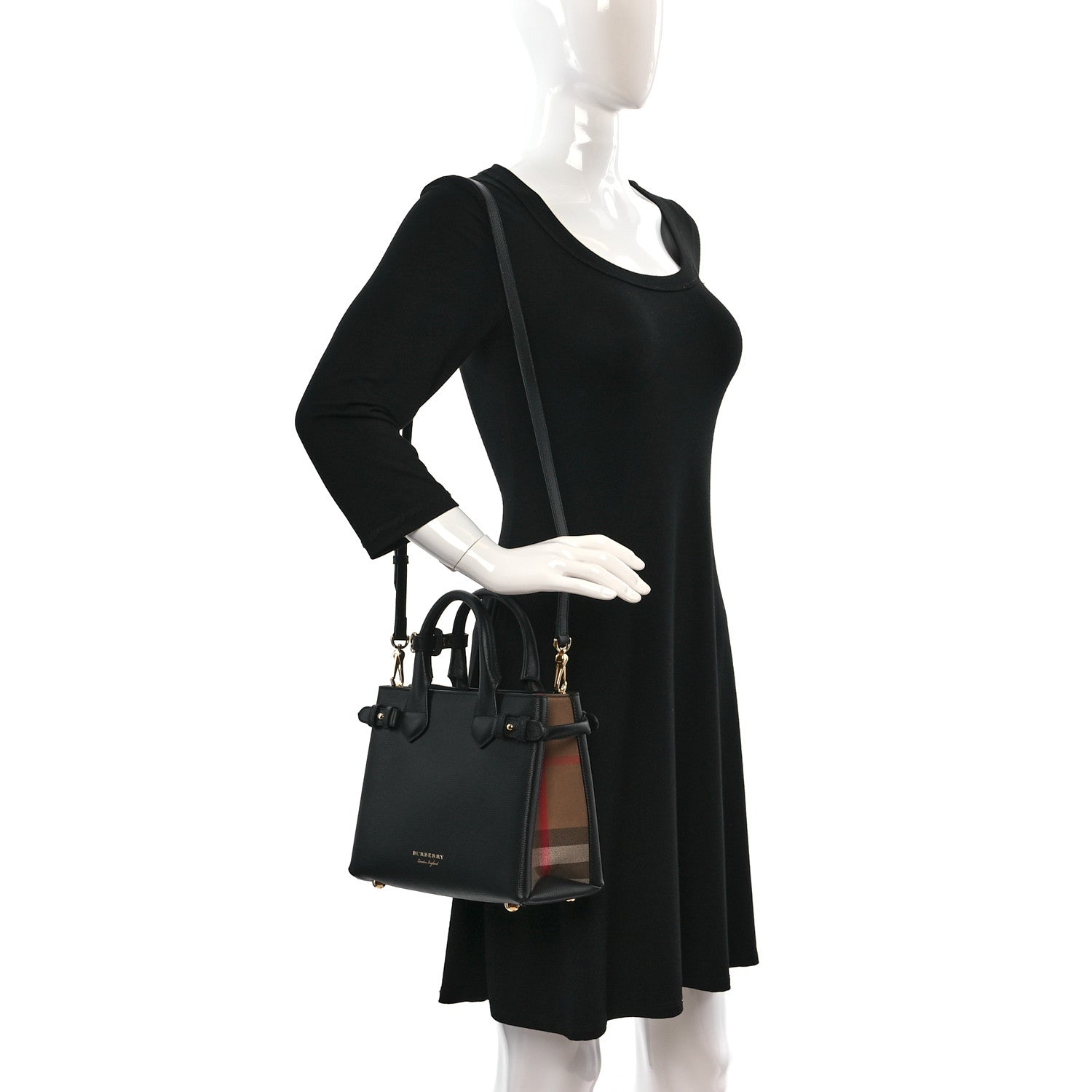 Burberry Derby Calfskin House Check Small Banner Tote Black 2 of 8