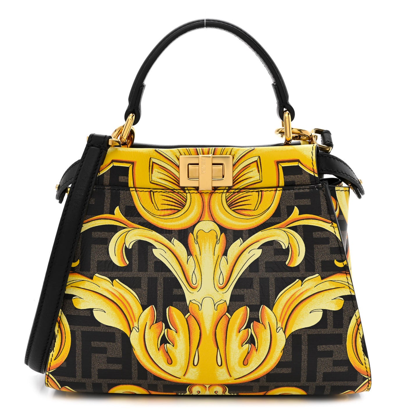 X VERSACE Vitello Seta Nappa Fendace FF Baroque Mini Peekaboo Iconic Satchel Tobacco Black Gold