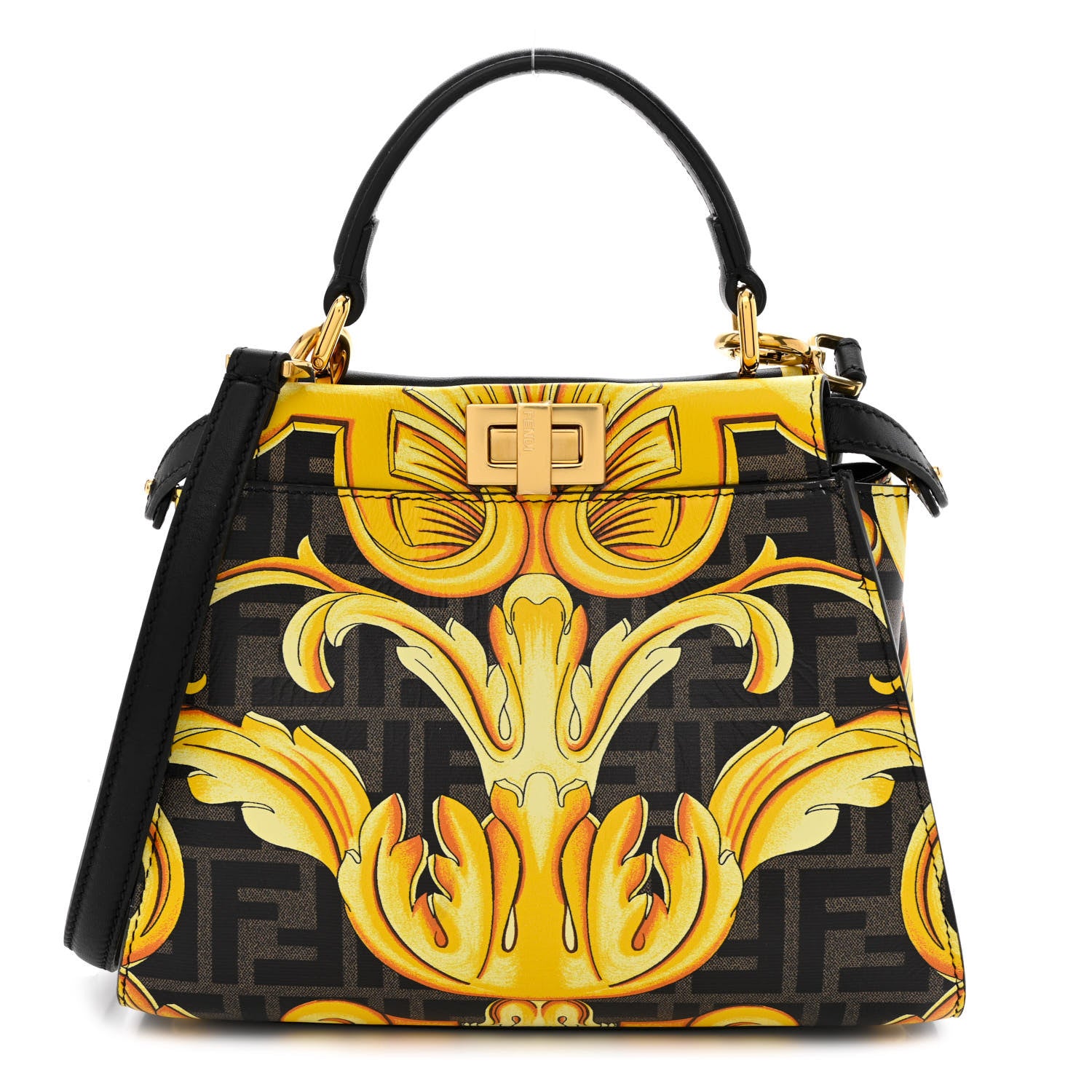Fendi X VERSACE Vitello Seta Nappa Fendace FF Baroque Mini Peekaboo Iconic Satchel Tobacco Black Gold 1 of 10