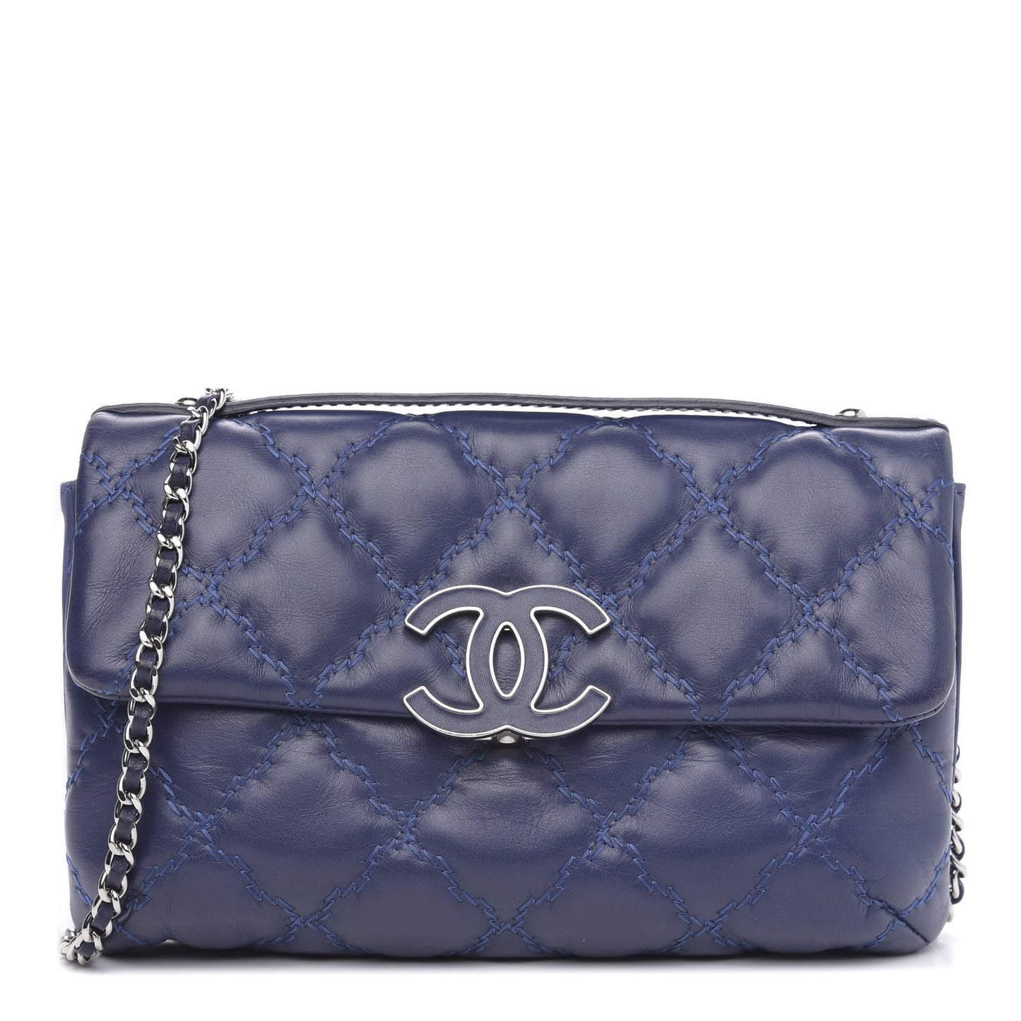 Calfskin Quilted Double Stitch Hamptons Clutch with Chain Blue