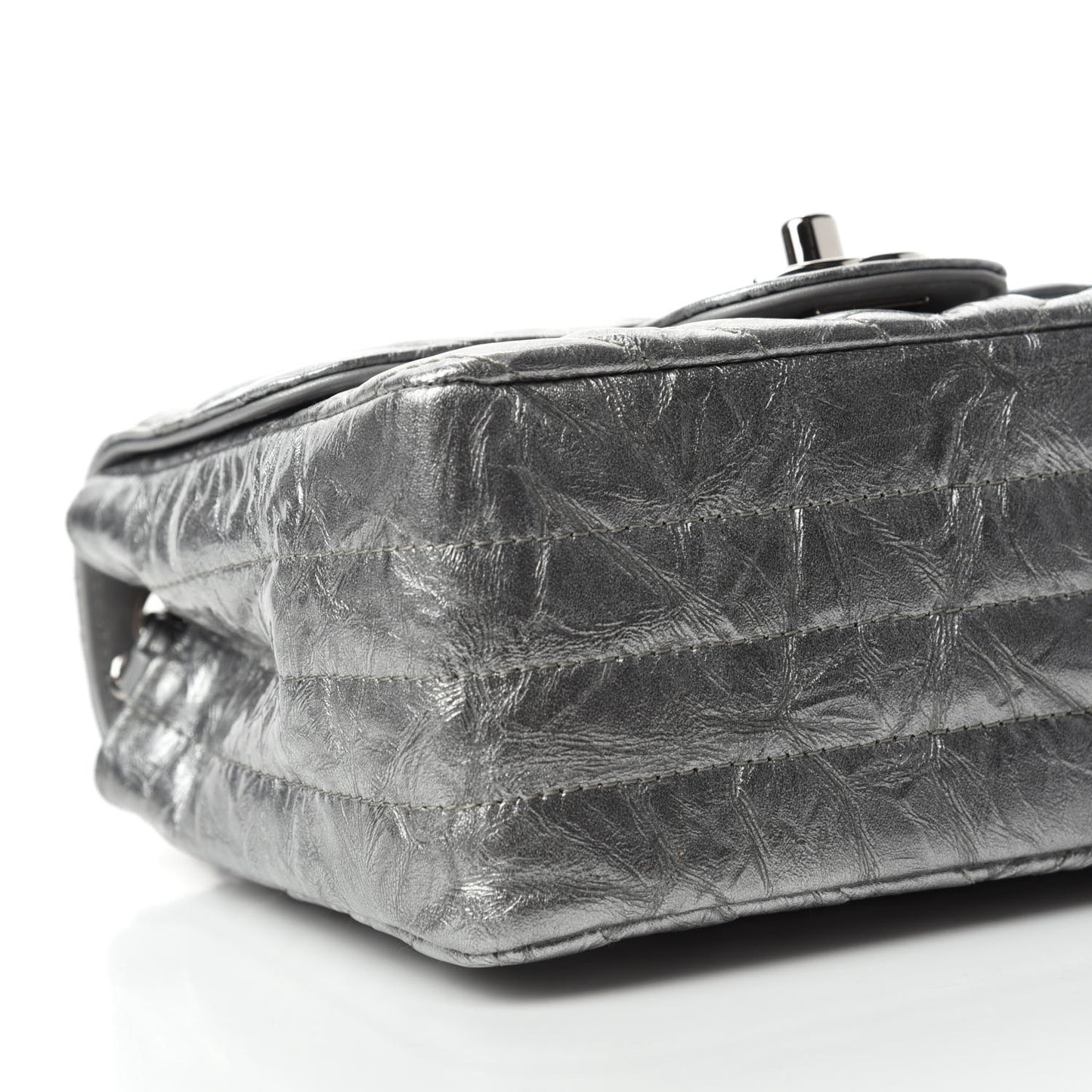 Metallic Patent Crumpled Calfskin Chevron Quilted Mini Square Flap Silver