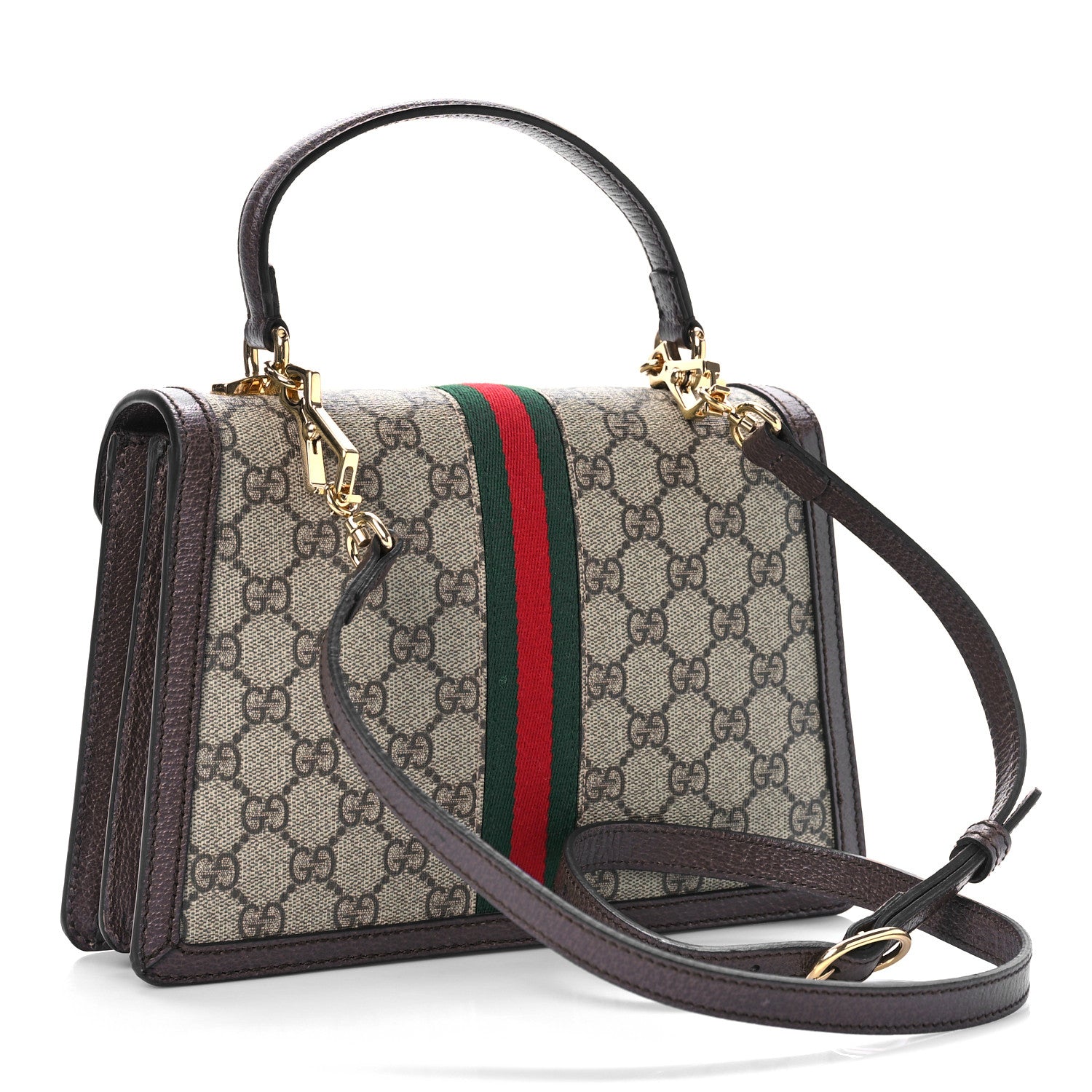 Gucci GG Supreme Monogram Textured Dollar Calfskin Web Small Ophidia Padlock Top Handle Bag Beige Ebony New Acero 3 of 9