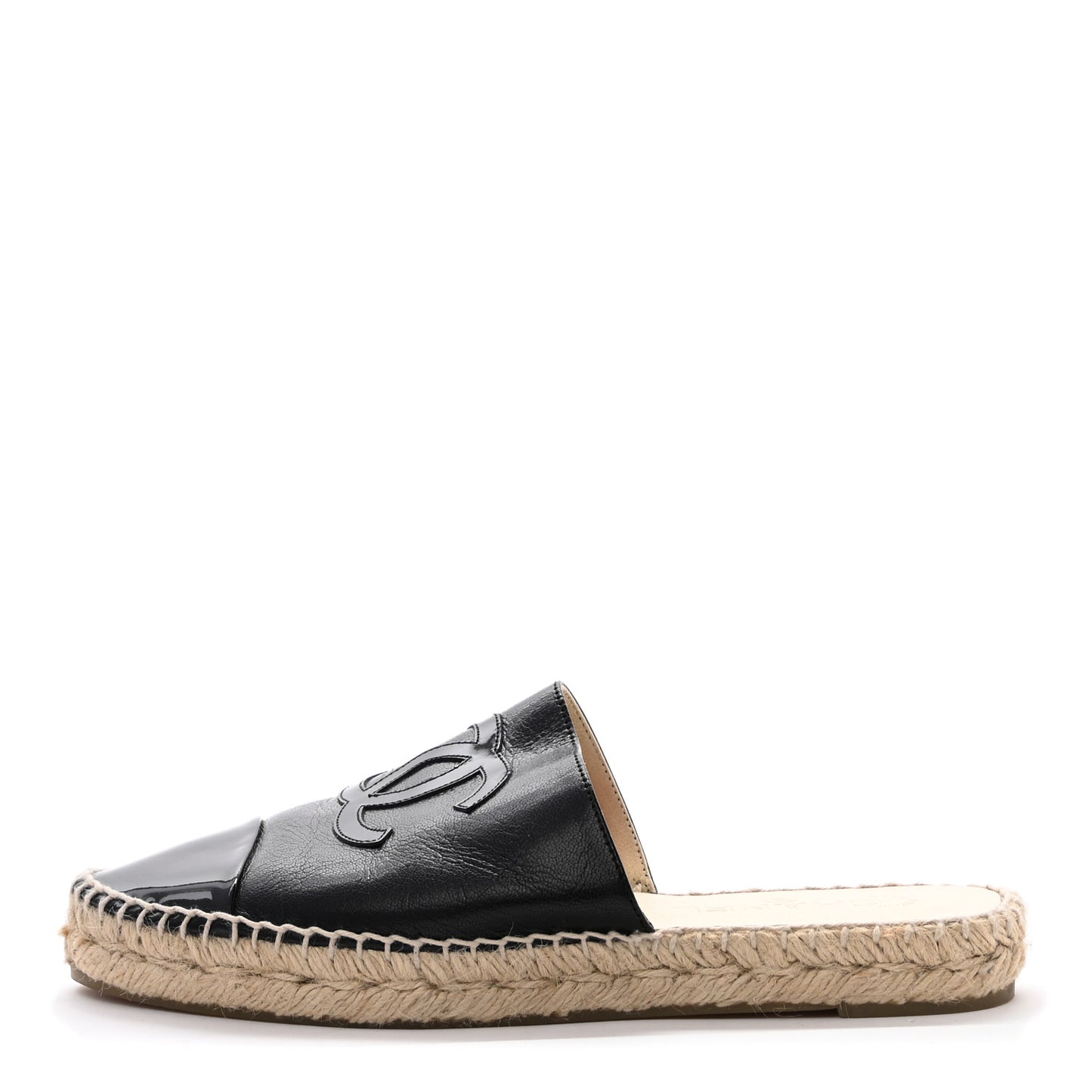 Iridescent Goatskin Patent CC Espadrille Mules 38 Black