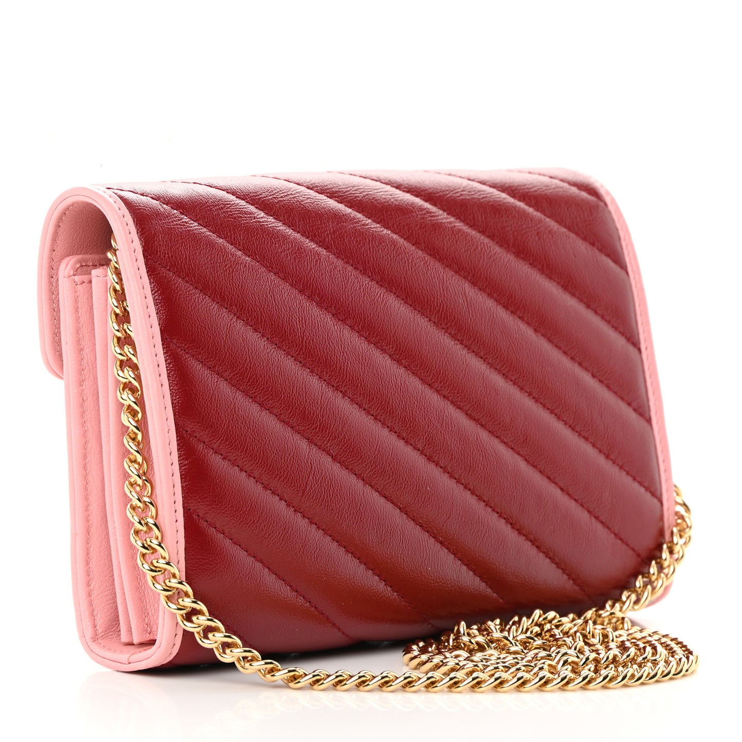 Azalea Calfskin Enamel Matelasse Diagonal Torchon GG Marmont Chain Wallet New Cherry Red Wild Rose