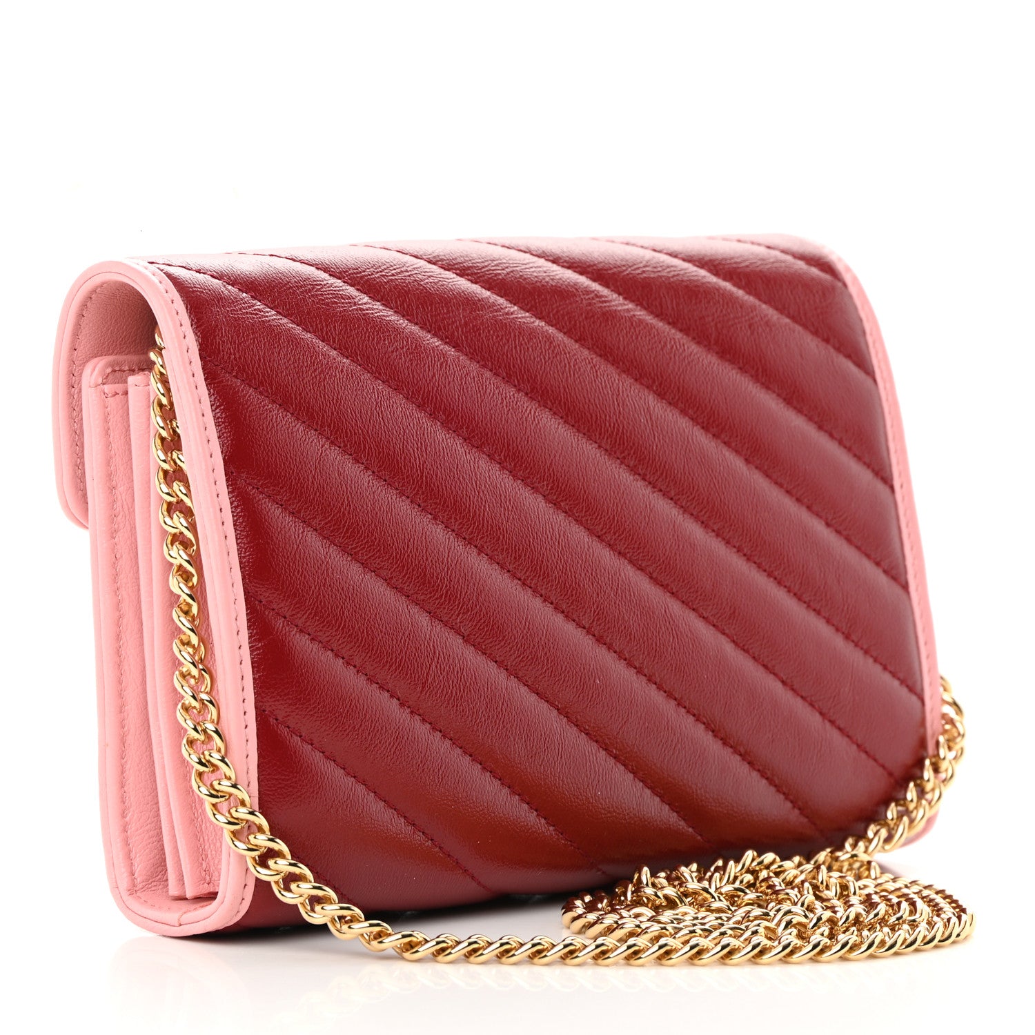 Gucci Azalea Calfskin Enamel Matelasse Diagonal Torchon GG Marmont Chain Wallet New Cherry Red Wild Rose 2 of 14