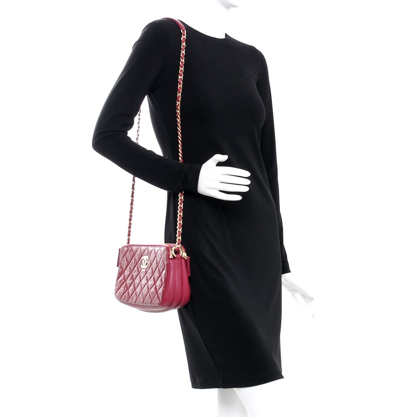 Patent Quilted Crown CC Double Zip Bag Dark Pink