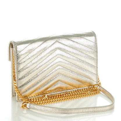 Saint Laurent Grain De Poudre Matelasse Chevron Monogram Envelope Chain Wallet Gold 3 of 6