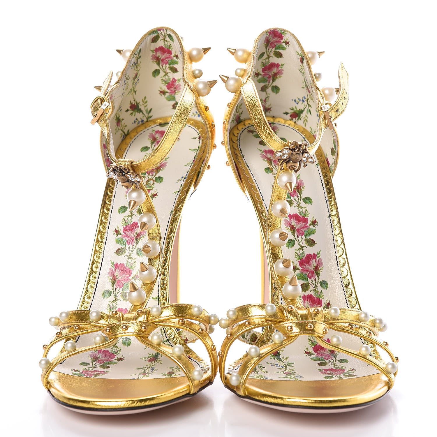 Gucci Metallic Nappa Silk Pearl Studded Regina T-Strap High Heel Sandals 40 Oro Vecchio 2 of 8