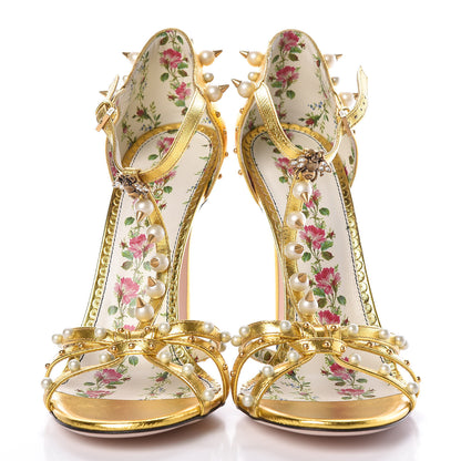 Gucci Metallic Nappa Silk Pearl Studded Regina T-Strap High Heel Sandals 40 Oro Vecchio 2 of 8