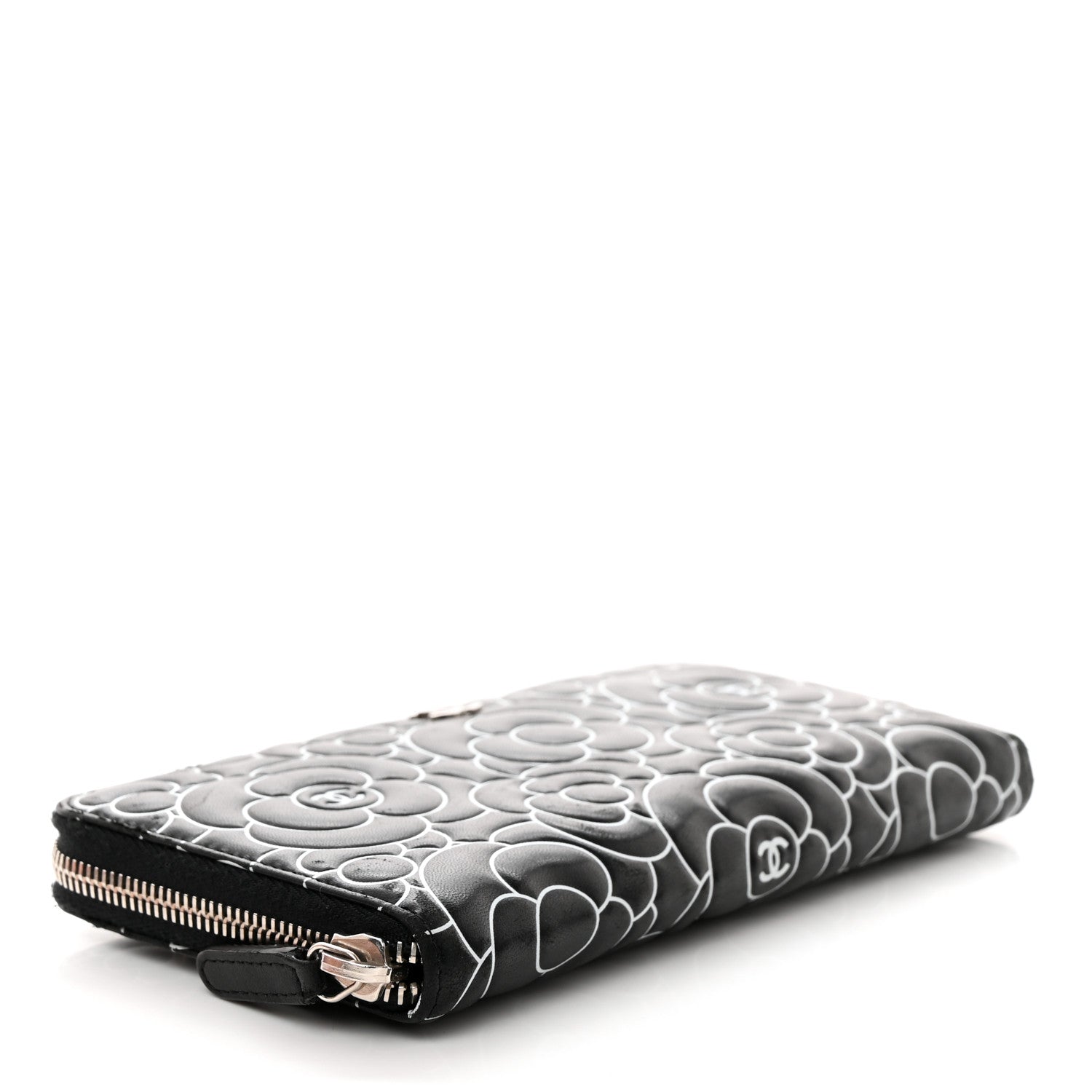Chanel Lambskin Camellia Embossed Large Zip Around Gusset Wallet Black White 5 of 11