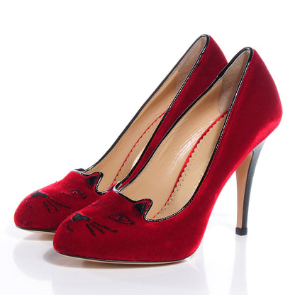 FASHIONPHILE CHARLOTTEOLYMPIAVelvetKittyPumps37Red 3 of 7