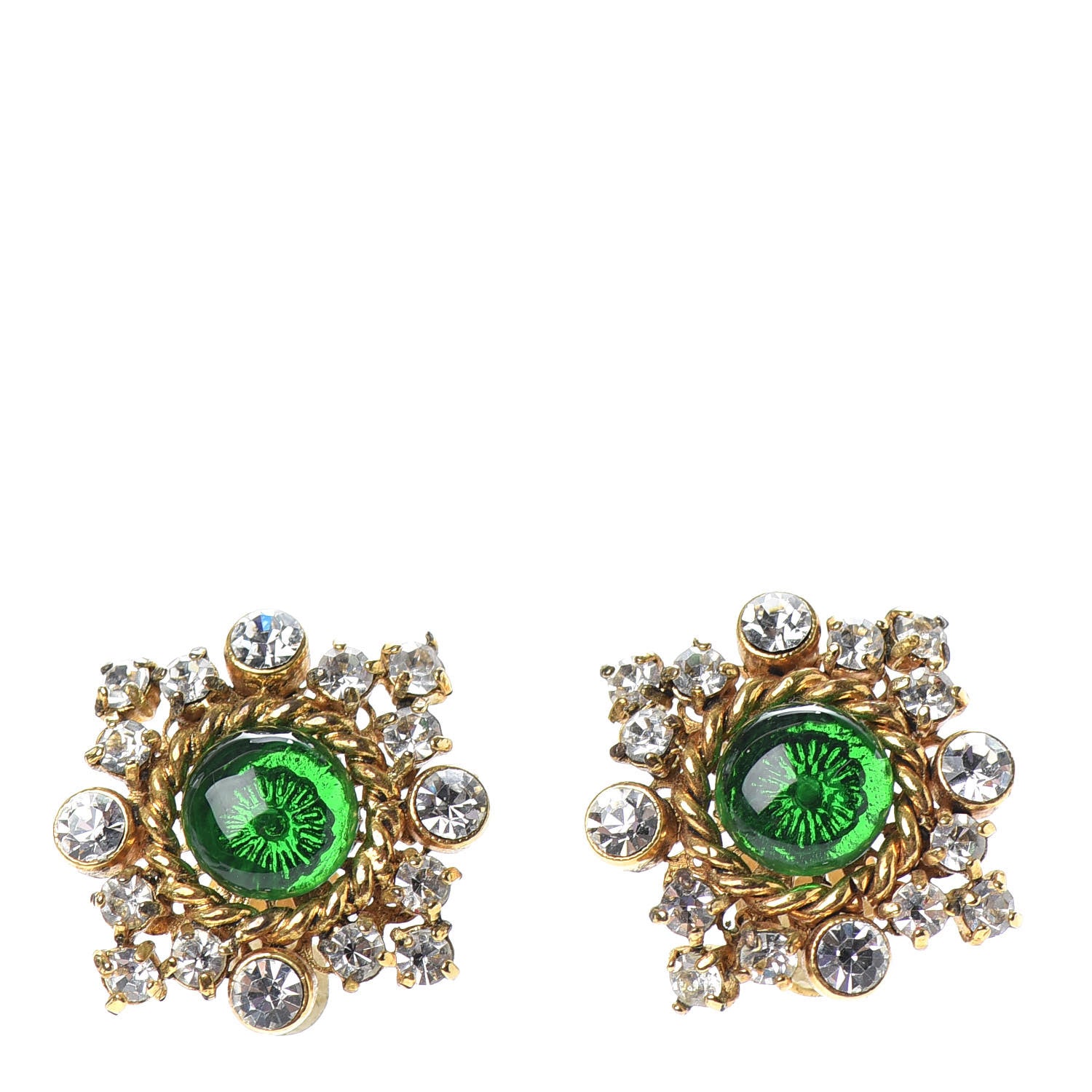 Chanel Resin Crystal Clip On Earrings Gold Green 1 of 4