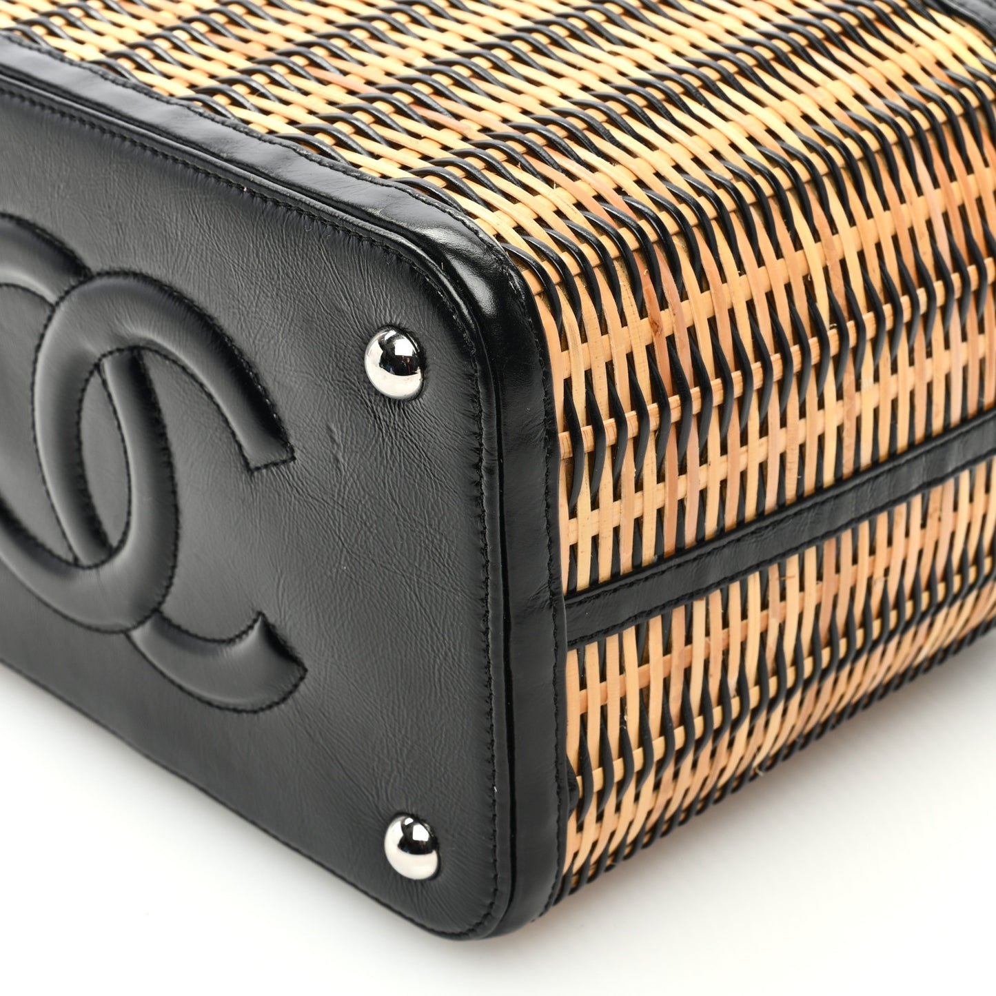 Glazed Calfskin Raffia Vanity Case Bag Black Beige