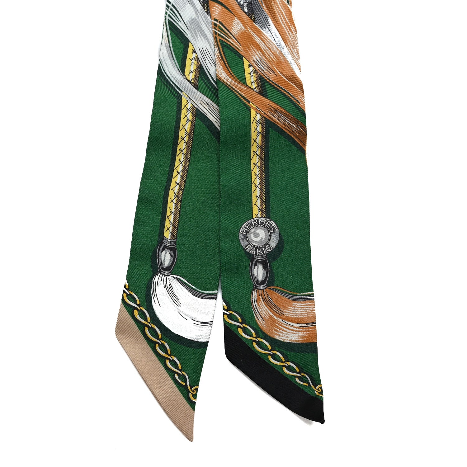 Hermes Silk Cavalcades Twilly Emeraude Beige Dore 2 of 3