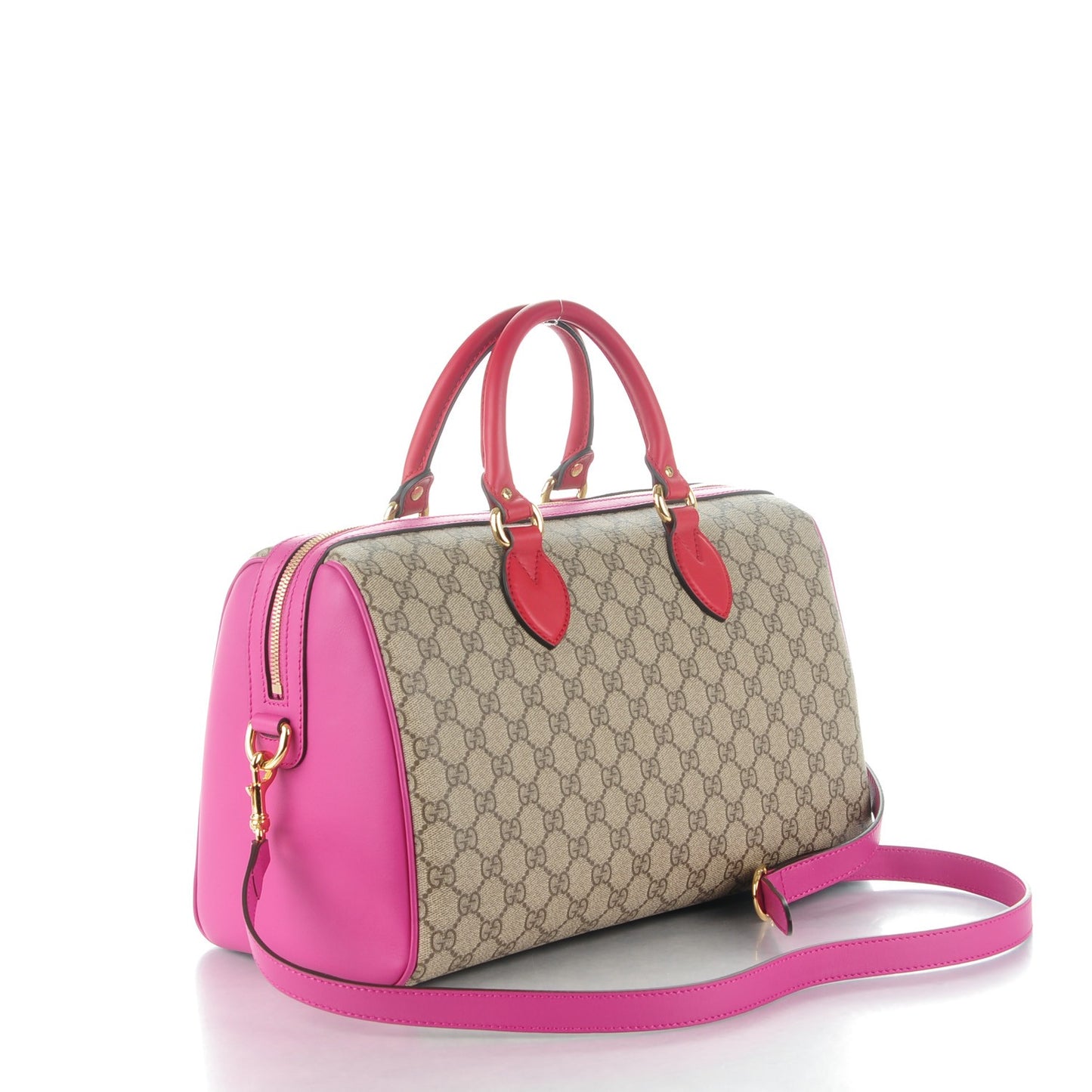 GG Supreme Monogram Medium Boston Beige Hibiscus Red New Rosette