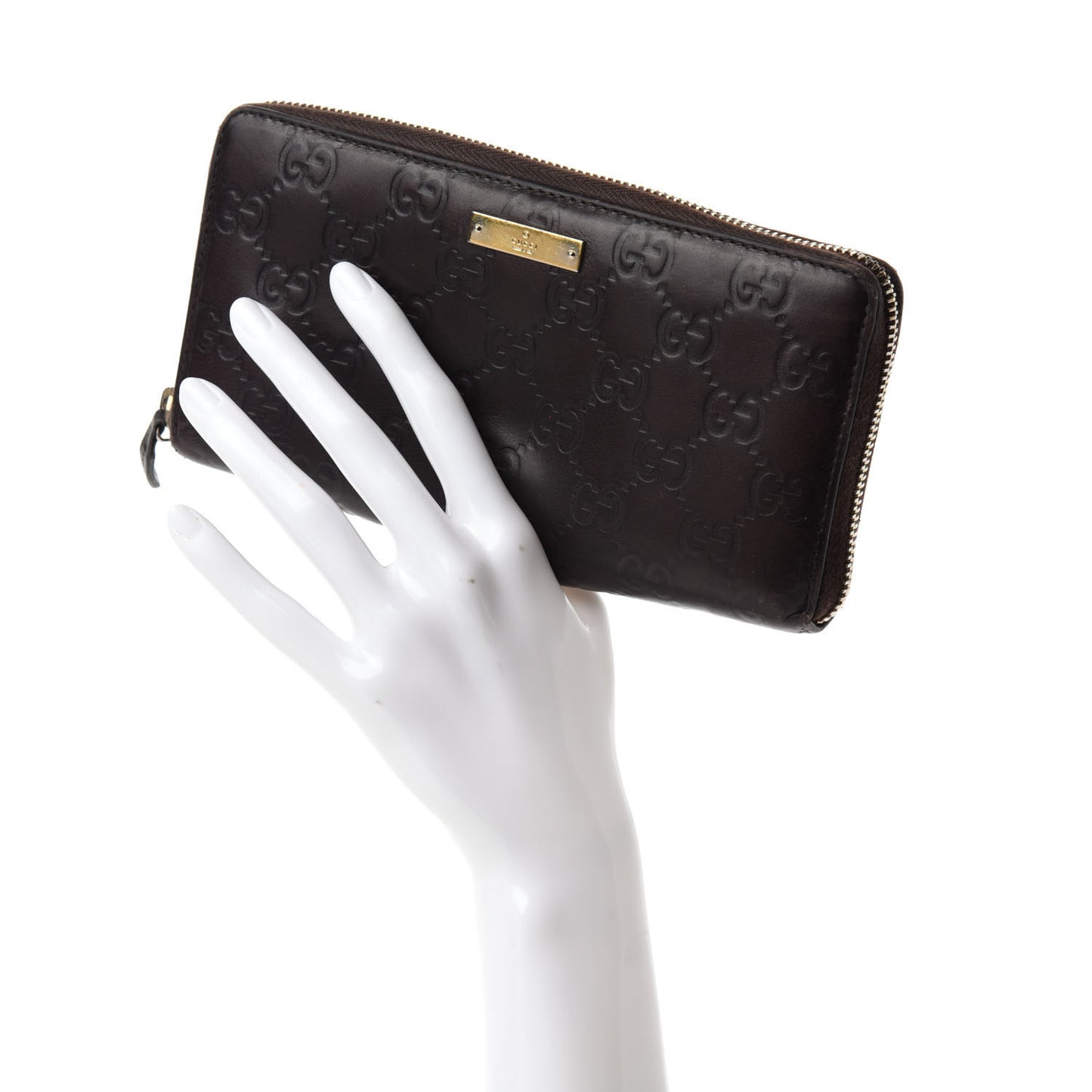 Guccissima Margaux Calfskin Metal Bar Zip Around Wallet Chocolate