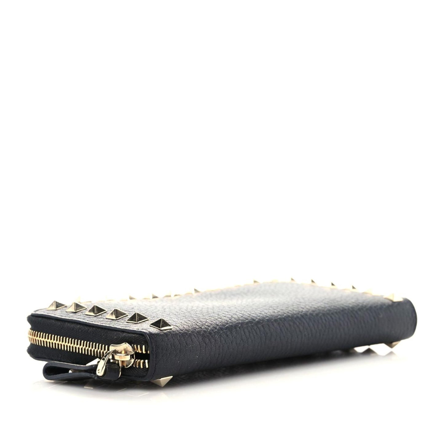 Pebbled Calfskin Rockstud Zip Around Wallet Black
