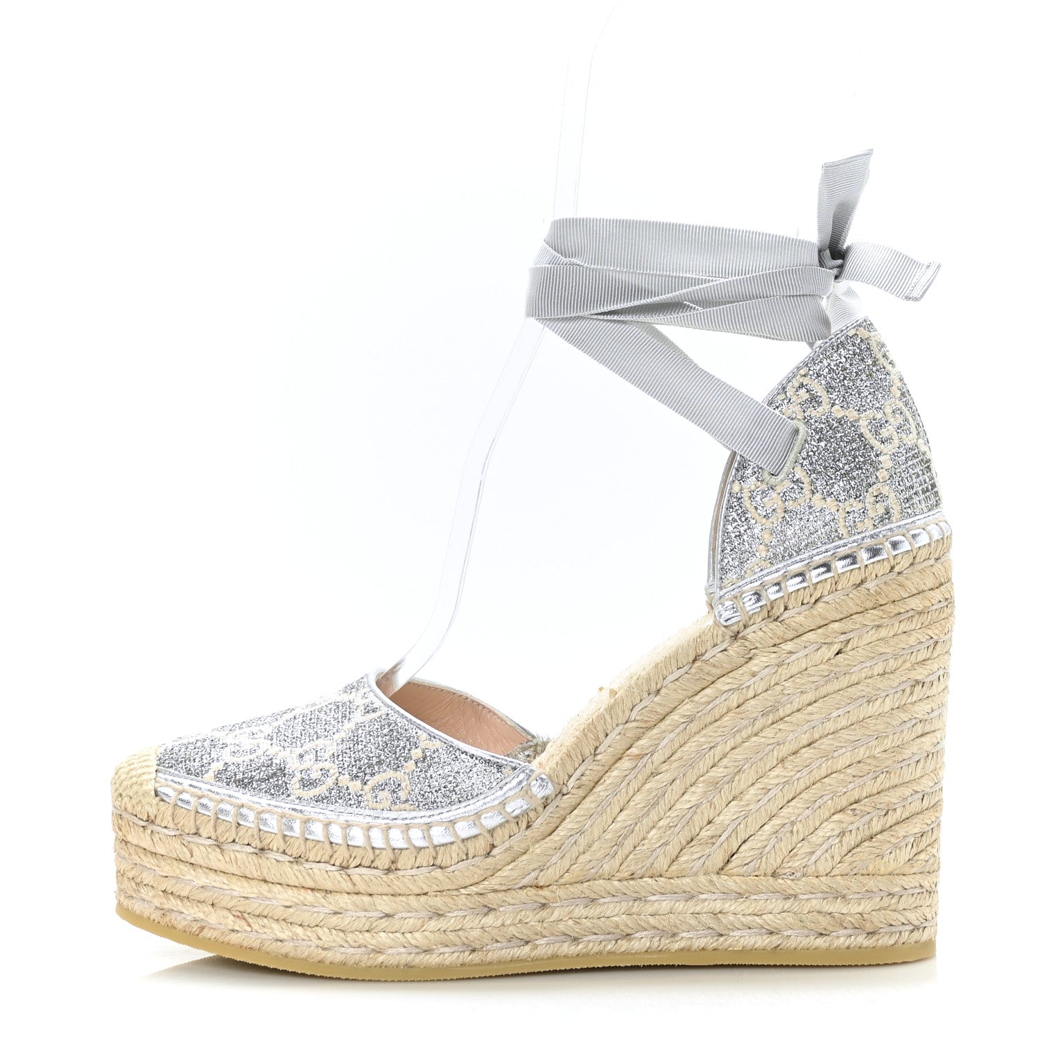 Gucci Lame GG Monogram Ankle Wrap Platform Espadrille Wedges 39.5 Silver Beige Light Grey 1 of 8