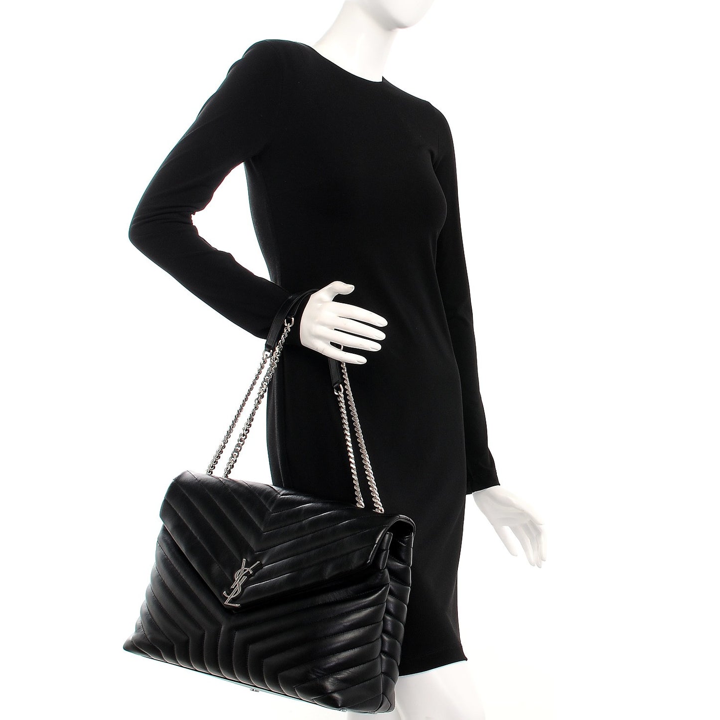 Calfskin Y Quilted Monogram Large Loulou Chain Satchel Black