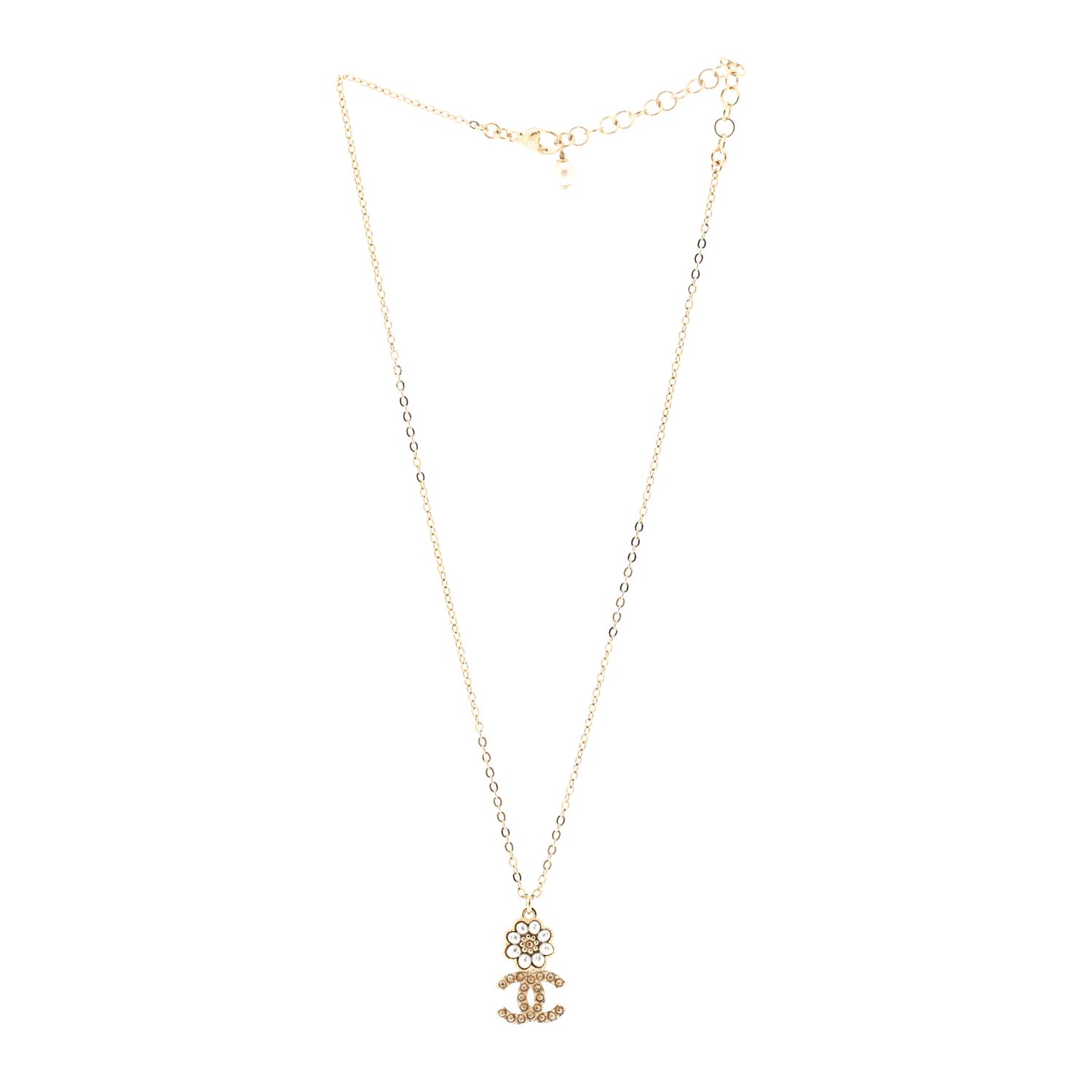 Pearl Crystal CC Flower Pendant Necklace Gold Light Brown Pearly White