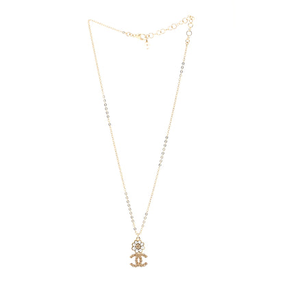 Chanel Pearl Crystal CC Flower Pendant Necklace Gold Light Brown Pearly White 3 of 7