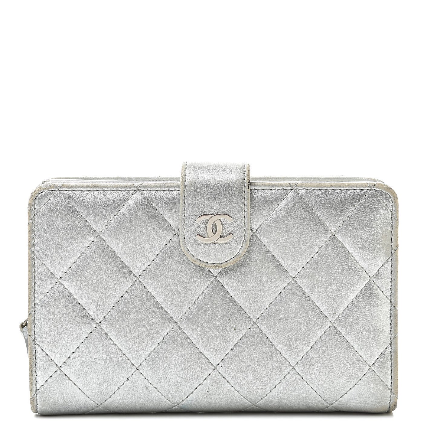Metallic Lambskin Quilted Zipped Pocket Wallet Silver