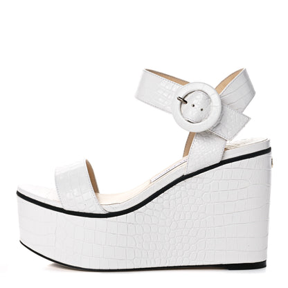 Jimmy Choo Crocodile Embossed Calfskin Abigail 100 Wedge Sandal 39 White 1 of 12