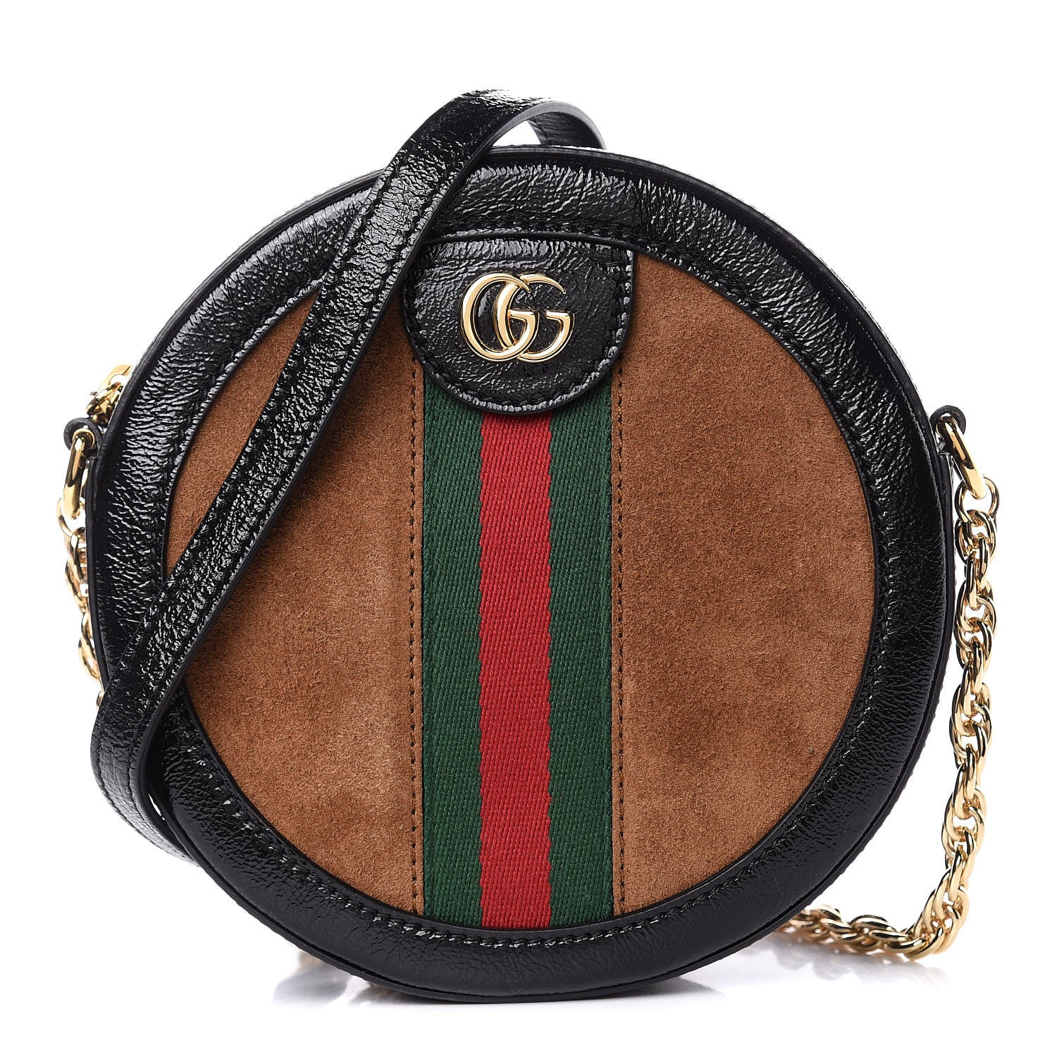 Gucci Suede Patent Web Mini Ophidia Round Shoulder Bag Nocciola Black 1 of 8