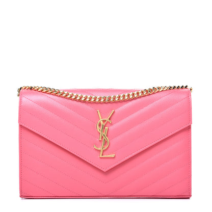 Saint Laurent Grain De Poudre Matelasse Chevron Monogram Chain Wallet Rose Clair 1 of 9
