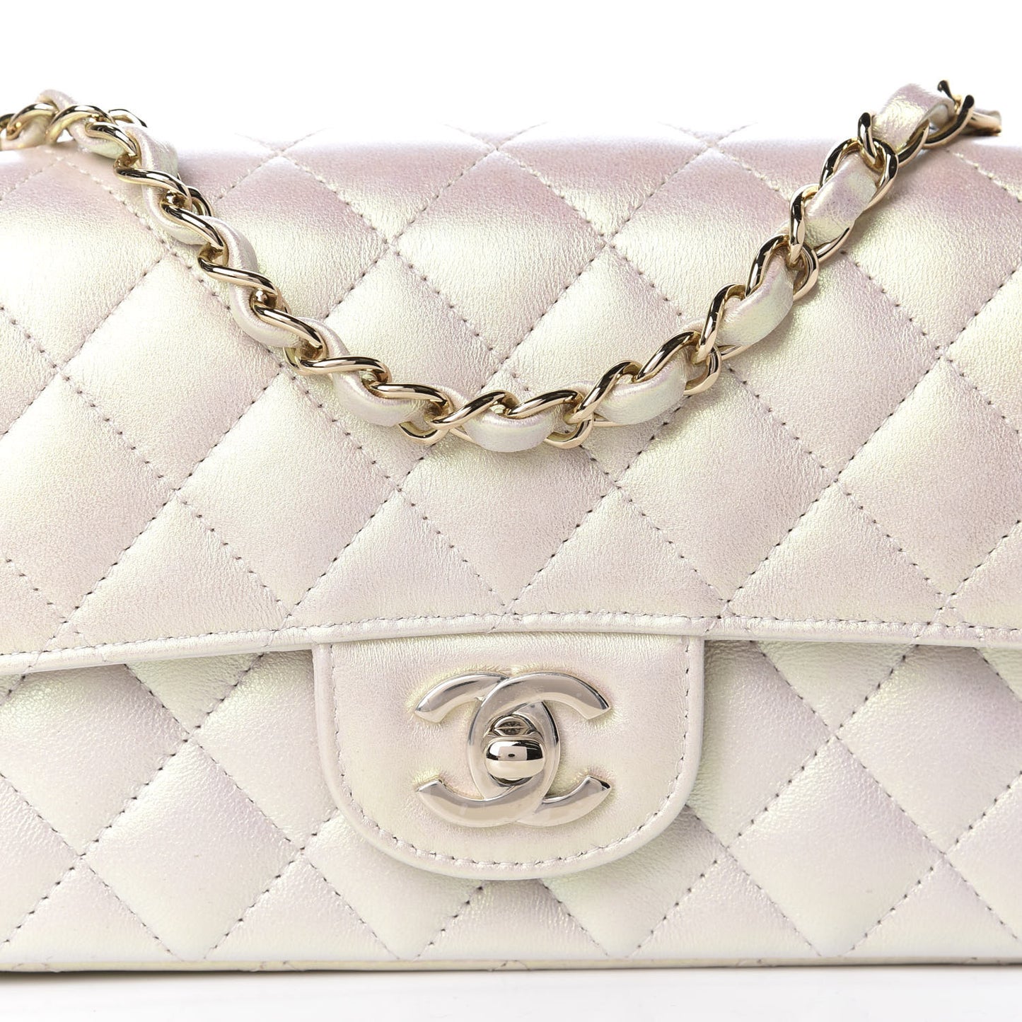 Iridescent Lambskin Quilted Mini Rectangular Flap Ivory