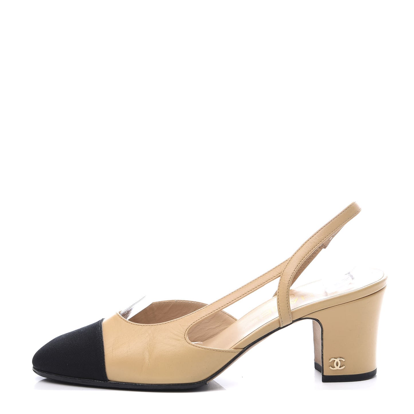 Goatskin Grosgrain Cap Toe CC Slingback Pumps 36.5 Beige Black
