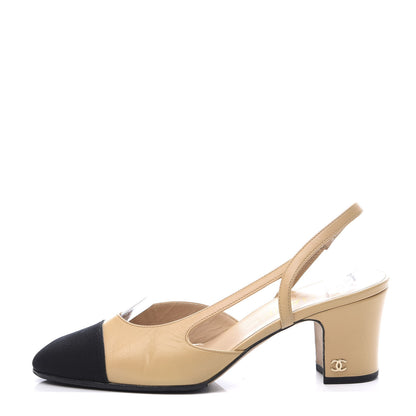 Chanel Goatskin Grosgrain Cap Toe CC Slingback Pumps 36.5 Beige Black 1 of 12